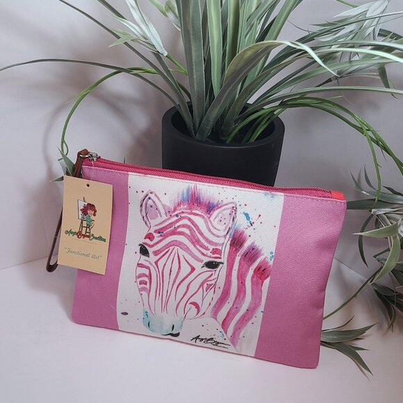 Pink Zebra Canvas Zipper Pouch by Angie Bryan | Original Art Print - Picture 1 of 8